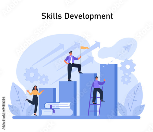 Determined professionals ascend in skills development. Amidst upward arrows and gears, they signify growth, continuous learning, and reaching for higher goals in their career journey. Flat vector.