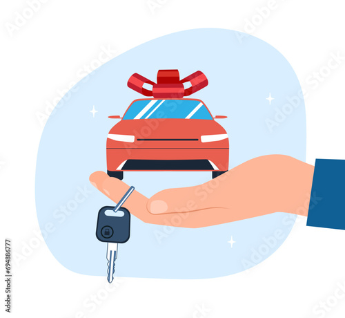 Car with keys on the palm in a gift ribbon. Vector illustration.