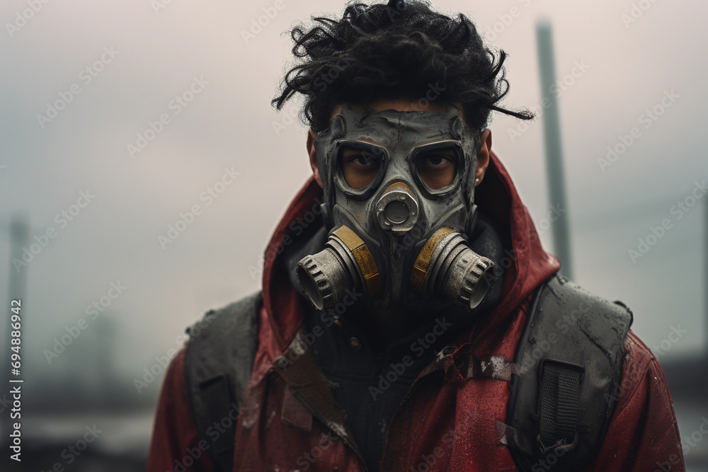 Post-apocalyptic survivor portrait, rugged gas mask, desolate urban ruins