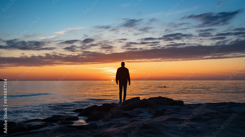 Silhouetted faceless portrait at sunset, outline of a figure against a vivid sky, tranquil sea horizon