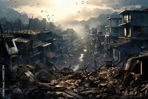 Destroyed city after earthquake. Dramatic scene of the fuming city and burning, Human suffering for earthquake Ai generated photo
