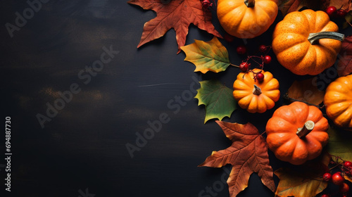 Seasonal fall pumpkins isolated on a dark background. Halloween composition, autumn concept decoration. Generative AI