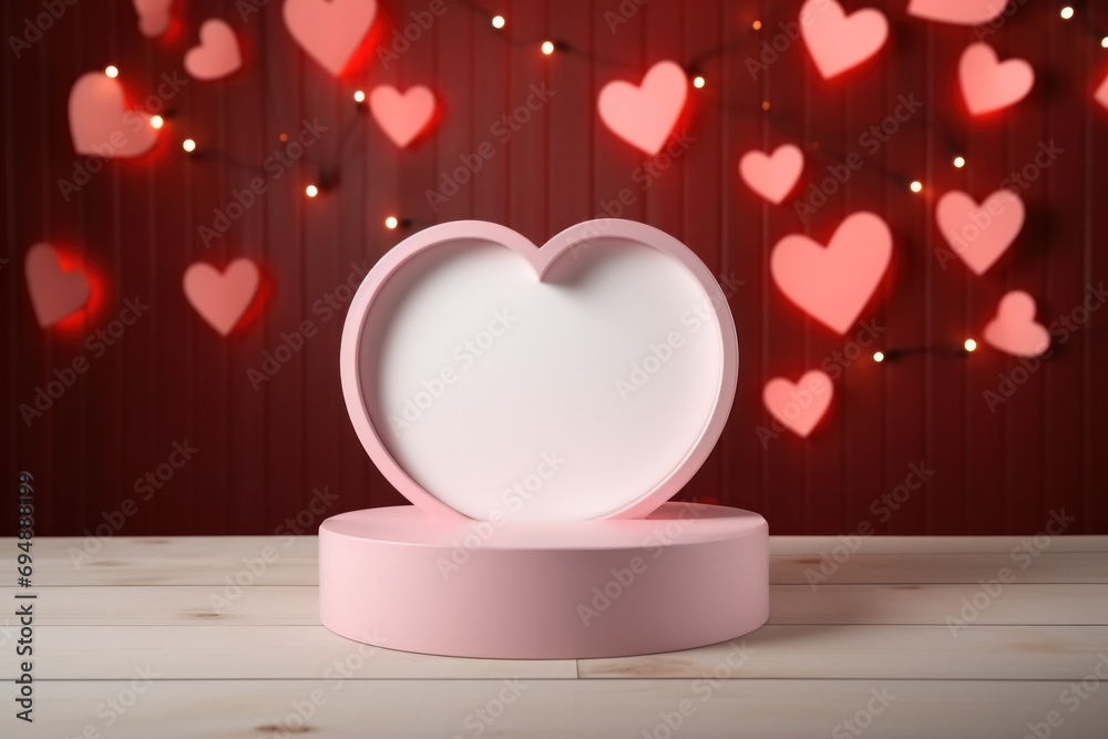 Valentine day festive decorations with empty round podium and red hearts. Mock up. Minimal product background