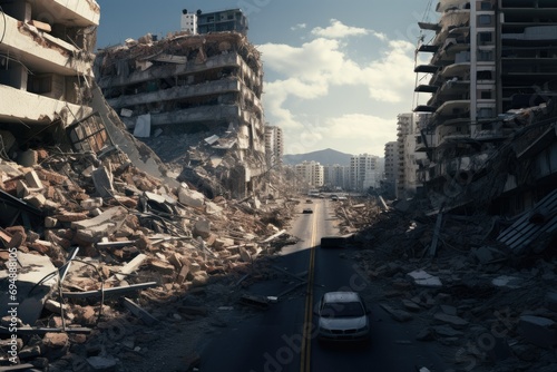 Destroyed city after earthquake. Dramatic scene of the fuming city and burning, Human suffering for earthquake Ai generated