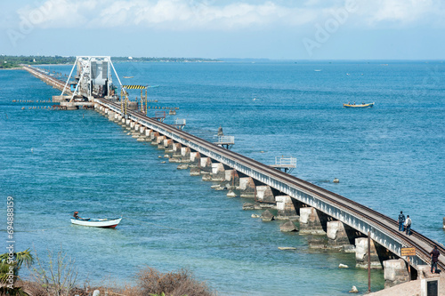 Pamban railway bridge crossing the Pamban Straits between the mainland and Pamban Island and Danushkodi, Tamil Nadu, India photo