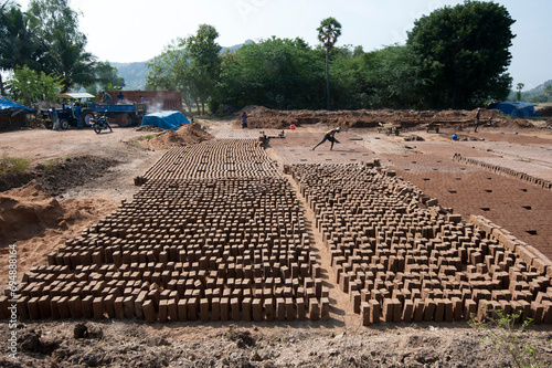 Handmade bricks made from roadside clay and left to dry in the sun before firing, Tamil Nadu, India