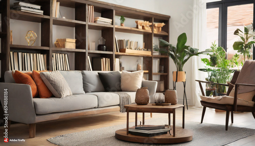 Modern living room with trendy home decor bookshelves and stylish furniture, coffee table and plants, close up  © RallyA