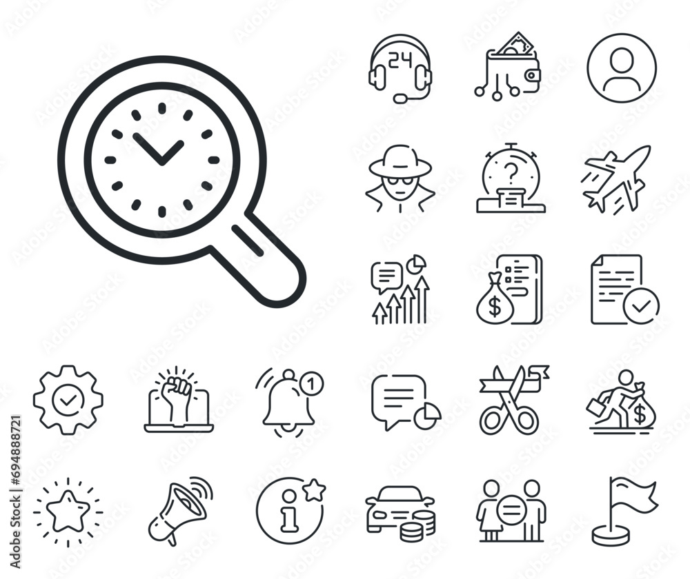 Clock sign. Salaryman, gender equality and alert bell outline icons. Time management line icon. Work analysis symbol. Time management line sign. Spy or profile placeholder icon. Vector