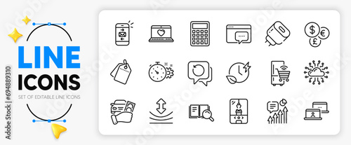 Mail, Calculator and Seo message line icons set for app include Cloud network, Rent car, Crane claw machine outline thin icon. Charging time, Outsource work, Recovery data pictogram icon. Vector