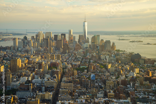Skyline looking south towards Lower Manhattan at sunset, One World Trade Center in view, Manhattan, New York City, New York, United States of America photo