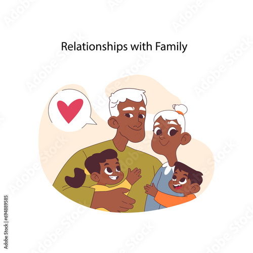 Relationships with Family concept. A heartwarming embrace among generations, conveying the loving bond of grandparents and grandchildren. Family unity and affection. Flat vector illustration