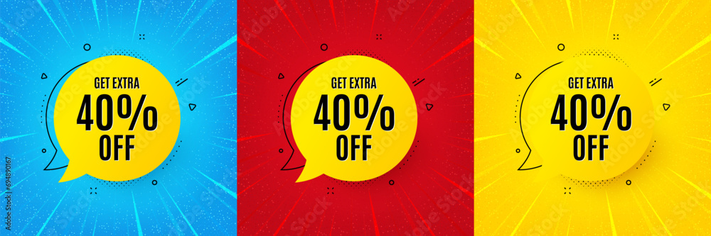 Get 40 percent off bubble banner. Sunburst offer banner, flyer or poster. Discount sticker shape. Sale badge icon. Sale bubble promo event banner. Starburst pop art coupon. Special deal. Vector - obrazy, fototapety, plakaty 