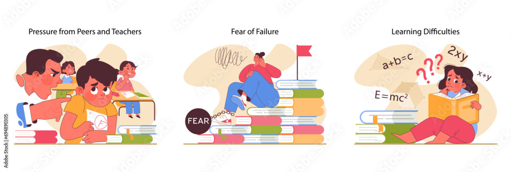 Educational stress set. Students confront academic challenges: peer and teacher pressure, fear of failure, and learning hurdles. Emotionally charged study situations. Flat vector illustration - obrazy, fototapety, plakaty 