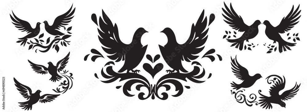 Doves in love with hearts, set of wedding decorative pigeon birds, black and white vector graphics - obrazy, fototapety, plakaty 