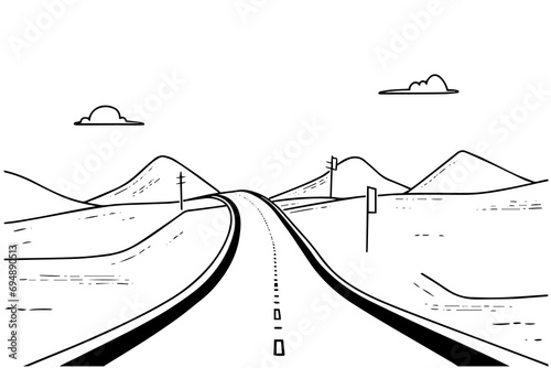 Desert road hand drawn ink sketch highway landscape. Engraved style vector illustration.