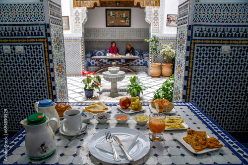 Breakfast in a riad in Fes medina (old city), Fez, Morocco, North Africa photo