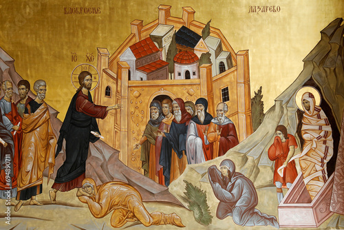 Resurrection fresco of Jesus resurrecting Lazarus, Orthodox Cathedral, Podgorica, Montenegro photo