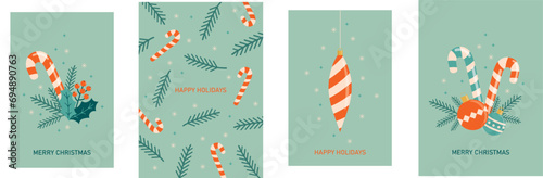 christmas cards set with christmas canes,balls and christmas tree branches. vector illustration