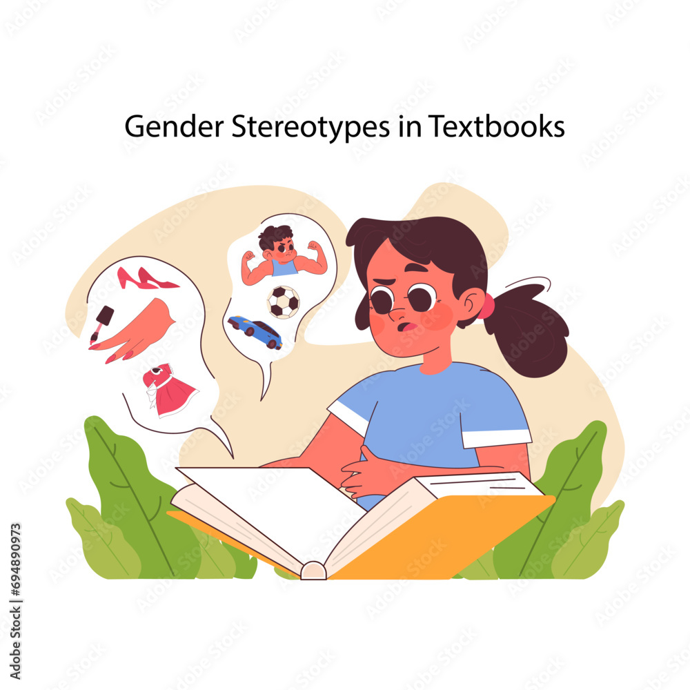 Gender stereotypes in textbooks concept. A thoughtful girl reading a book confronts ingrained notions of gender roles, reflecting societal norms and biases. Flat vector illustration