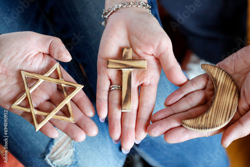 Christianity, Islam and Judaism, Bible, Quran and Torah, interreligious symbols, faith and spirituality concept photo