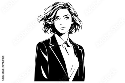 Business woman hand drawn ink sketch. Engraved style vector illustration.