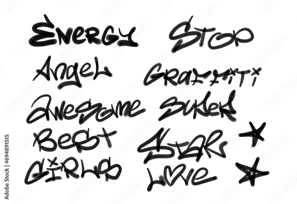 Collection of graffiti street art tags with words and symbols in black color on white background
