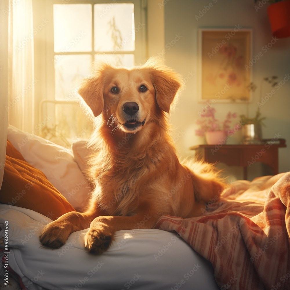 Cachorro Golden fofo em um quarto de dormir com uma janela no fundo sobre a luz do sol - Papel de parede - obrazy, fototapety, plakaty 