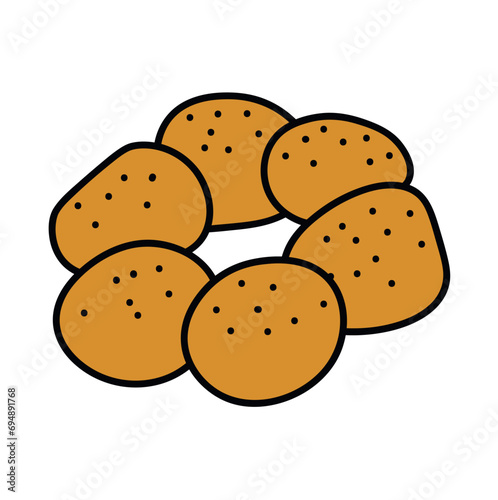 Baked good of food colorful set. This food-themed illustration with detailed outline emphasize the appeal of a tasty buns, this aroma is simply irresistible. Vector illustration.