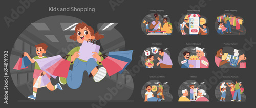 Kids and shopping set. Young consumers experiencing the retail world. Family grocery runs, online buys, mall excursions. Managing wants versus needs, joys of sales. Flat vector illustration