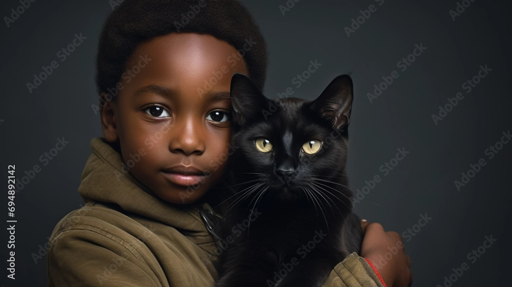 copy space, stockphoto, realistic, National Love Your Pet Day. Little black boy hugging his cat. Peaceful scene. Love and friendship between an animal, cat and boy, owner. copy space, stockphoto, realistic, National Love Your Pet Day. Little black boy hugging his cat. Peaceful scene. Love and friendship between an animal, cat and boy, owner.