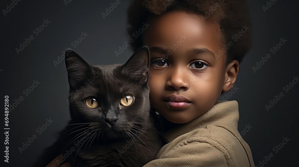 copy space, stockphoto, realistic, National Love Your Pet Day. Little black boy hugging his cat. Peaceful scene. Love and friendship between an animal, cat and boy, owner. copy space, stockphoto, realistic, National Love Your Pet Day. Little black boy hugging his cat. Peaceful scene. Love and friendship between an animal, cat and boy, owner.