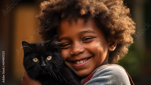 copy space, stockphoto, realistic, National Love Your Pet Day. Little black boy hugging his cat. Peaceful scene. Love and friendship between an animal, cat and boy, owner. photo