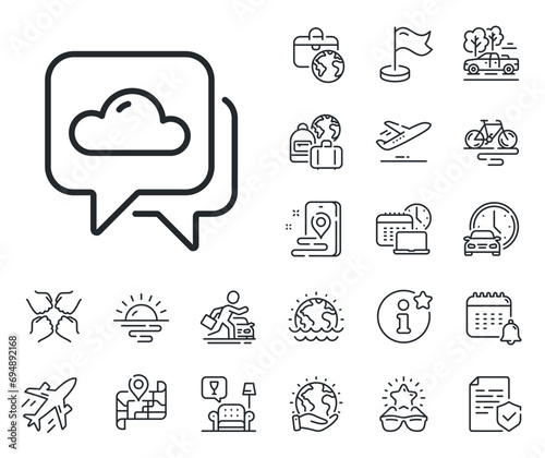 Clouds sign. Plane jet, travel map and baggage claim outline icons. Weather forecast line icon. Cloudy sky symbol. Weather forecast line sign. Car rental, taxi transport icon. Place location. Vector