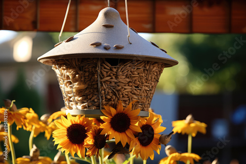 Seedfilled Feeder Adorned With Sunflower Husks On Birdhouse photo