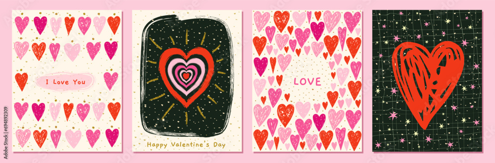Cute Valentine's Day cards vector set with hand drawn pink and red ...