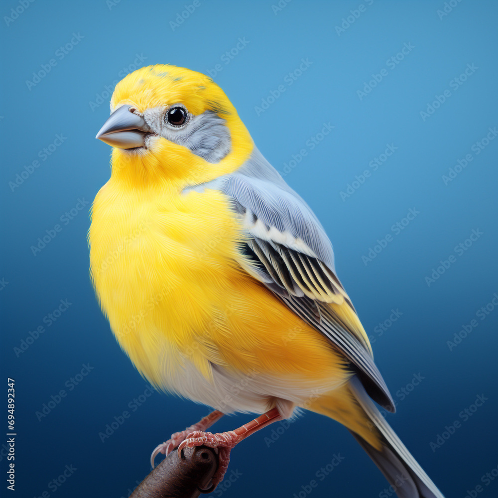 a realistic beautiful yellow and white canary on a blue background created with Generative Ai