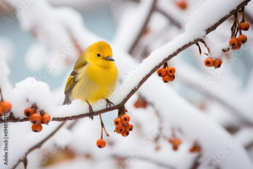 Delightful Yellow Bird Perches On A Snowcovered Tree Branch