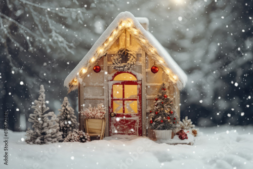 Snowy Forest House Adorned With Christmas Ornaments Seasons Greetings © Anastasiia
