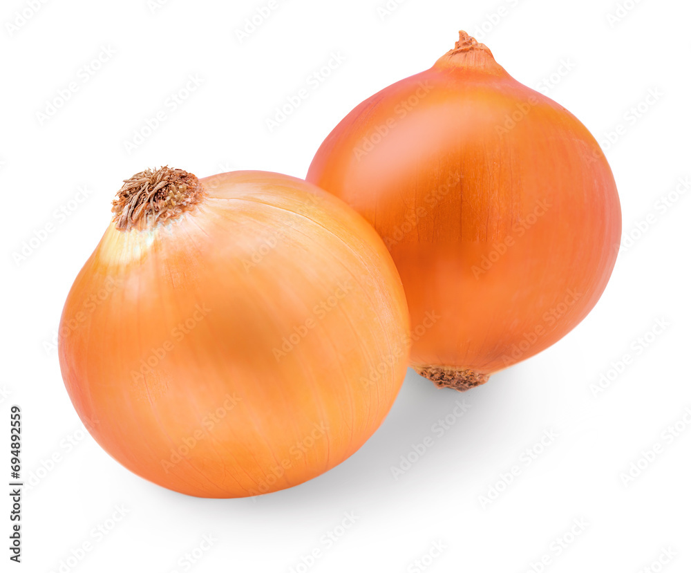 Two Onions isolated on white background. Whole golden onion bulb closeup. Two Onions isolated on white background. Whole golden onion bulb closeup.