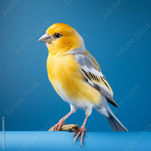 a realistic beautiful yellow and white canary on a blue background created with Generative Ai © Andrii Yablonskyi
