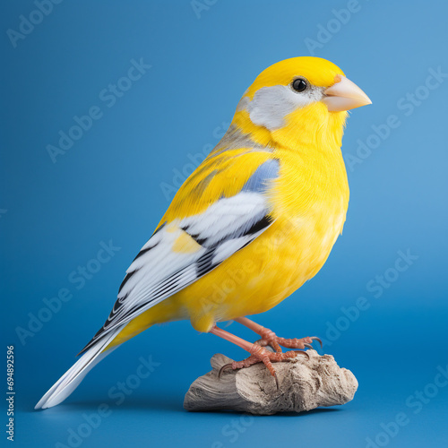 a realistic beautiful yellow and white canary on a blue background created with Generative Ai