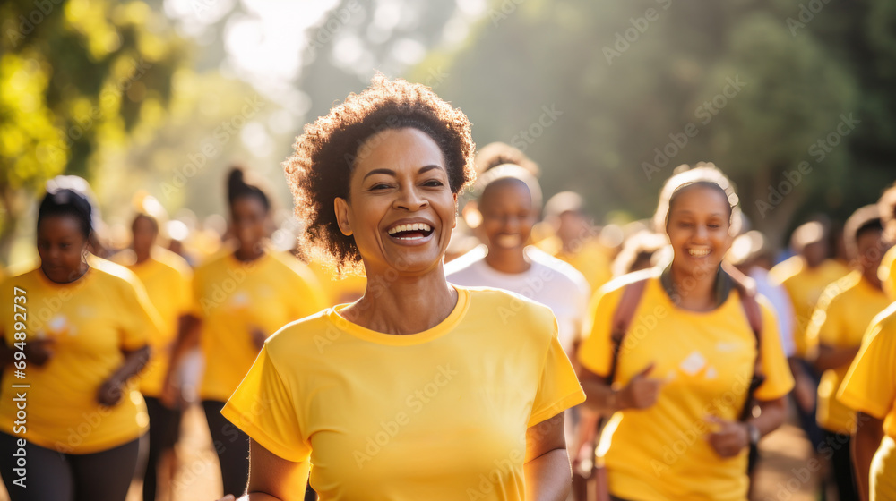 Group of smiling african women in yellow uniform running outdoors, taking part in public marathon. Concept of sport event, endurance and speed, marathon, action and motion