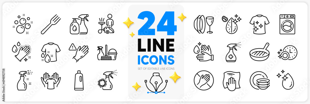 Icons set of Washing cloth, Washing machine and Dirty water line icons pack for app with Dont touch, Shampoo, Wash hands thin outline icon. Fork, Hold t-shirt, Use gloves pictogram. Vector
