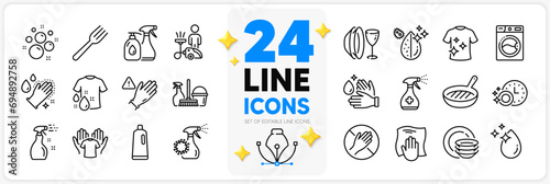Icons set of Washing cloth, Washing machine and Dirty water line icons pack for app with Dont touch, Shampoo, Wash hands thin outline icon. Fork, Hold t-shirt, Use gloves pictogram. Vector