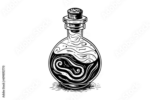 Magic bottle with potion hand drawn ink sketch. Engraved style vector illustration.