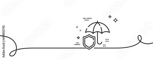Umbrella line icon. Continuous one line with curl. Rain defence sign. Safe insurance symbol. Umbrella single outline ribbon. Loop curve pattern. Vector