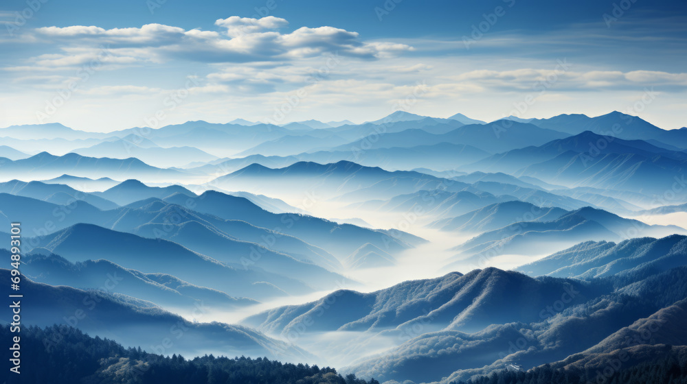 Landscape with blue mountains in a fog in a morning. In the style of light navy and blue, layered lines.