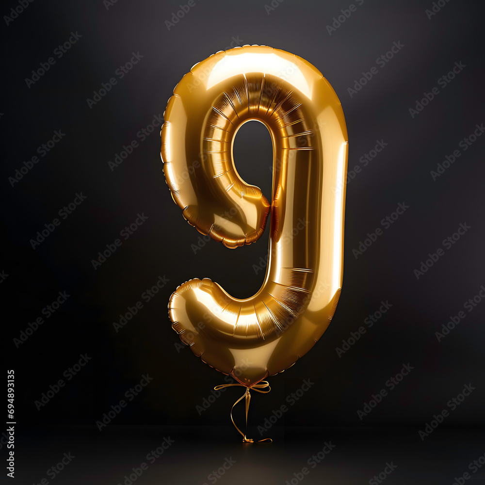 Golden balloon number 9 isolated on black background ai generated art 