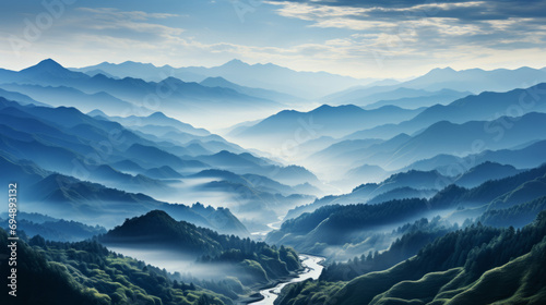 Landscape with blue mountains in a fog in a morning. In the style of light navy and blue, layered lines.