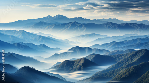 Landscape with blue mountains in a fog in a morning. In the style of light navy and blue, layered lines.